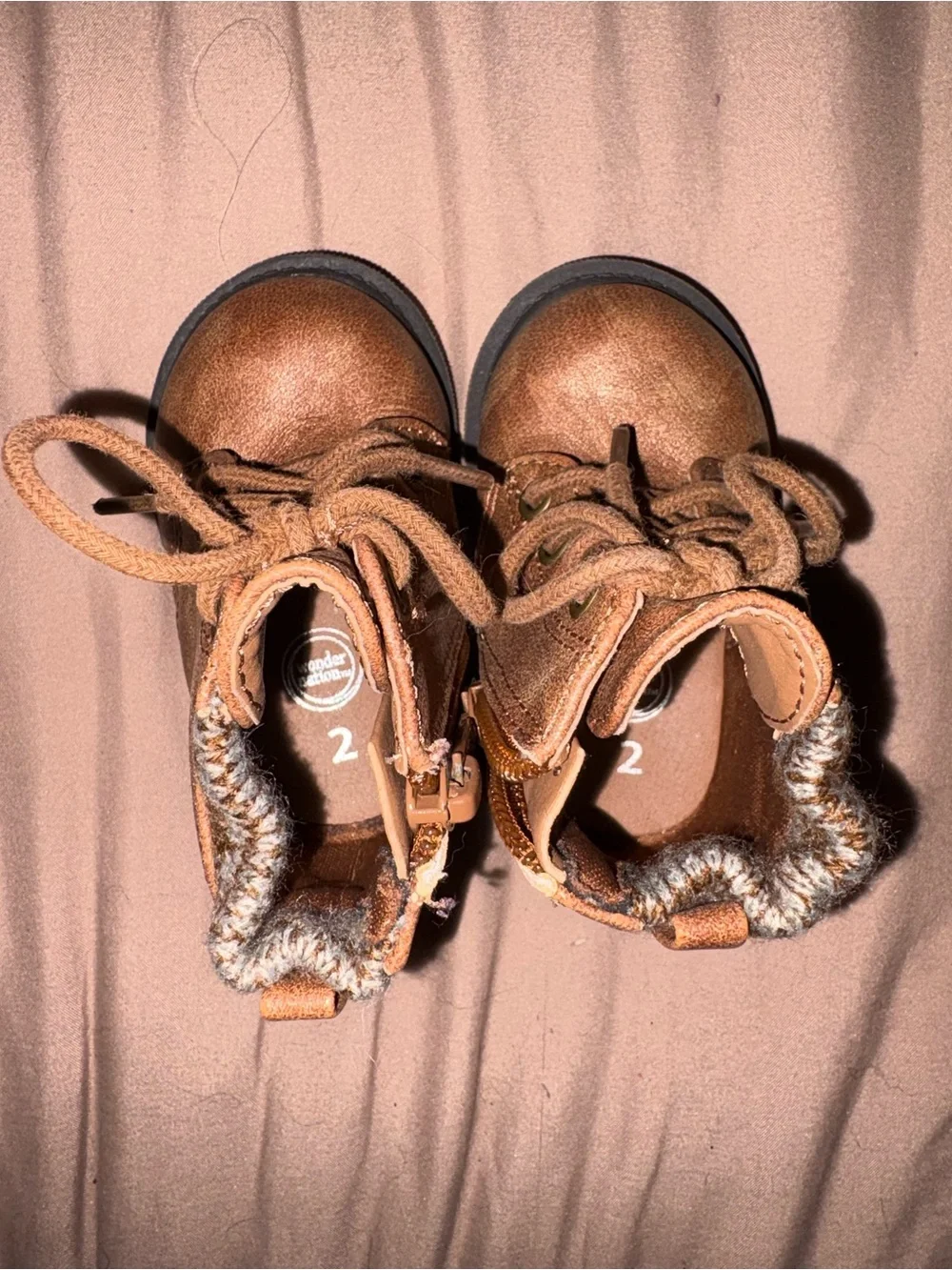 wonder nation Brown Lace-Up Kids Boots with Knit Cuff